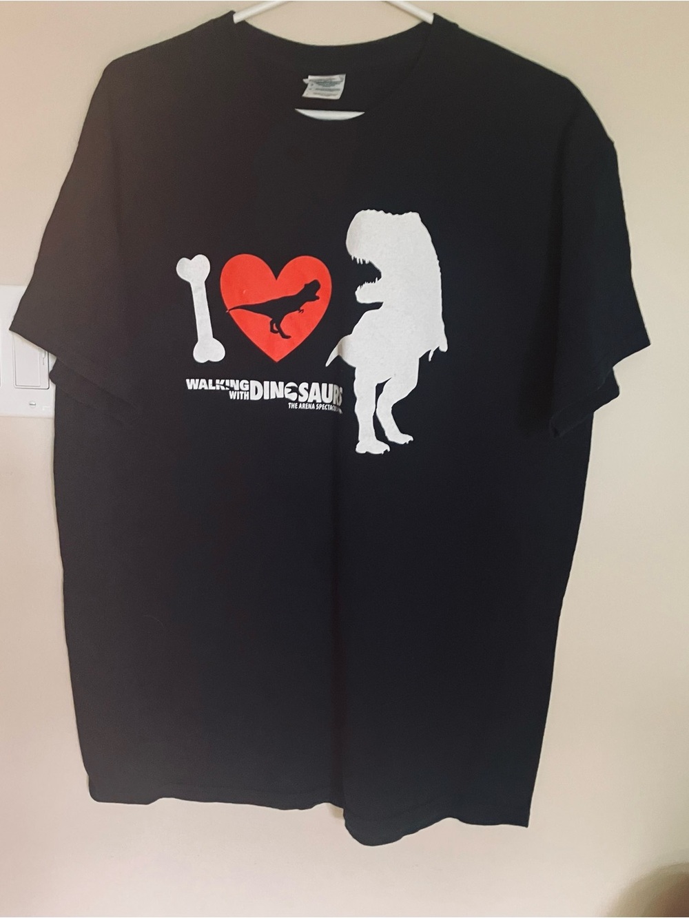 Gildan Black T‑Shirt with White Dinosaur Graphic and Red Heart